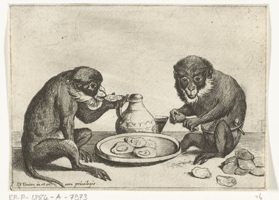 Dos monos comen ostras Varias empresas de la vida humana presentadas por simios (título de la serie) el juego del mono en el mundo (título de la serie) de Quirin Boel