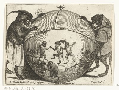 Dos monos sosteniendo un globo Varias empresas de la vida humana presentadas por simios (título de la serie) el juego del mono en el mundo (título de serie en objeto) de Quirin Boel