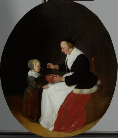 Una madre dando de comer papillas a su hijo de Quiringh Gerritsz. van Brekelenkam