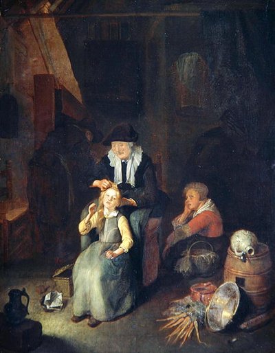 Interior de cabaña con mujer peinando el cabello de una niña de Quiringh Gerritsz. van Brekelenkam