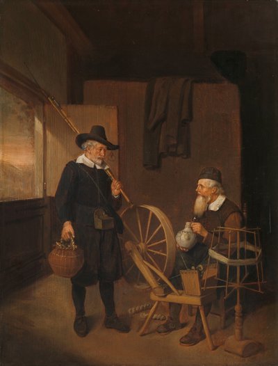 Interior con un pescador y un hombre junto a una bobina y un carrete de Quiringh Gerritsz. van Brekelenkam