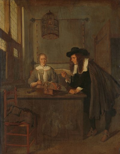 Interior con encajera y un visitante de Quiringh Gerritsz. van Brekelenkam