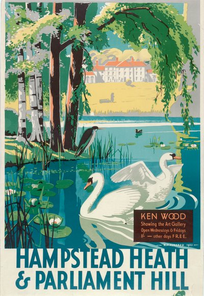 Hampstead Heath y Parliament Hill, cartel de tranvías del Consejo del Condado de Londres LCC, 1933 de RF Fordred