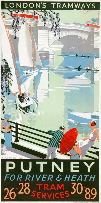 Putney, para Río y Prado, cartel de Tranvías del Consejo del Condado de Londres, 1932 de RF Fordred