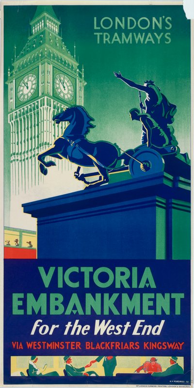 Victoria Embankment, cartel de tranvías del Consejo del Condado de Londres, 1932 de RF Fordred