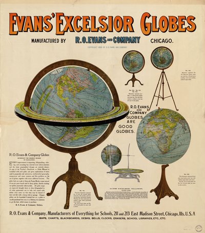 El cartel publicitario de los globos terráqueos tiene representaciones de 5 globos terráqueos y algún texto descriptivo de R. O. Evans And Company