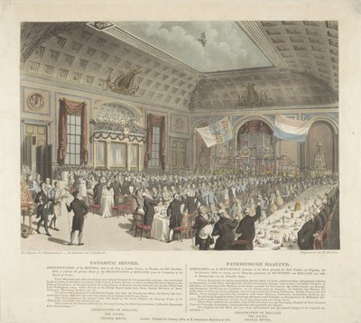 Comida patriótica en Londres, 1813 Cena Patriótica. Representación de la Asamblea celebrada en la Taberna de la Ciudad de Londres, el martes 14 de diciembre de 1813 (...) / Patriotische Mealtyd. Imagen del Encuentro realizado en el Hotel denominado la Ciud de R. Reeves