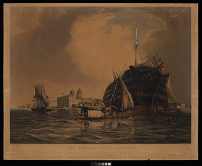 El Dreadnought 104 cañones, buque hospital para los marinos de todas las naciones, amarrado en el Támesis frente a Greenwich, 20 de junio de 1831. de R. W. Price