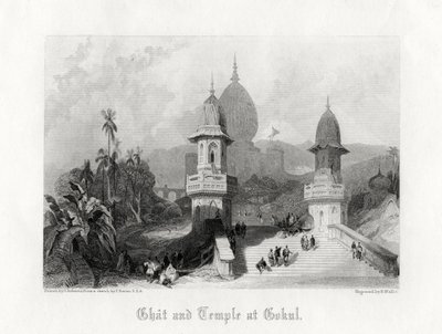 Ghat y Templo en Gokul, India, c. 1838 de R. Wallis