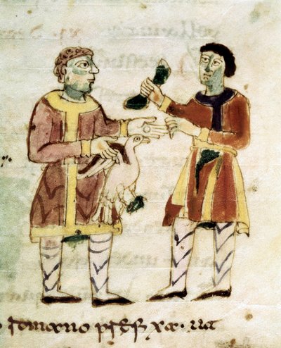 El comerciante de pollos de un manuscrito "De Universo" (o De rerum naturis (De la Nature des choses) de Rabanus Maurus or Mauro Rabano Magnentius