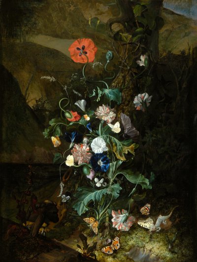 Un arreglo de flores junto a un tronco de árbol , c.1683 (óleo sobre lienzo) de Rachel Ruysch