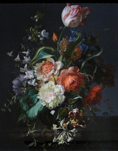 Flores en un jarrón de cristal con un tulipán de Rachel Ruysch