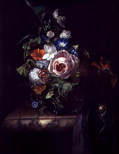 Rosas y otras flores en un cuenco de vidrio de Rachel Ruysch