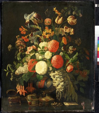 "Bouquet of flowers" (Flores) Sobre la mesa hay joyeros. Pintura de Rachel Ruysch (1664-1750) Siglo XVIII Museo de Arte Mikhail Kroshitsky, Sebastopol (Ucrania) de Rachel Ruysh