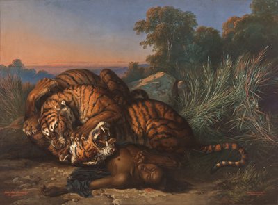 Tigres luchando por el cadáver de un javanés de Raden Ben Jaggia Saleh Syarif Bustaman
