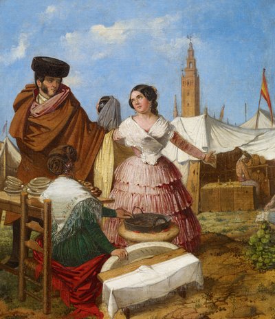 Cortejo en un puesto de repostería en forma de anillo en la Feria de Sevilla - Benjumea, Rafael (c. 1825-c. 1887) - 1852 - Óleo sobre lienzo - 35x30 - Museo Carmen Thyssen, Málaga de Rafael Benjumea