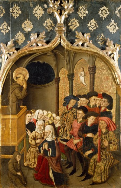 Visión durante el sermón, detalle del panel del lado izquierdo del Retablo de San Bernardo de Rafael Tomás (activo desde 1455 hasta 1479), predela de Joan Figuera (activo desde 1454-muerto en 1477 o 1479), temple sobre tabla, 398, 9x253 cm de Rafael & Figuera Joan (active c.1454 1477) Tomas