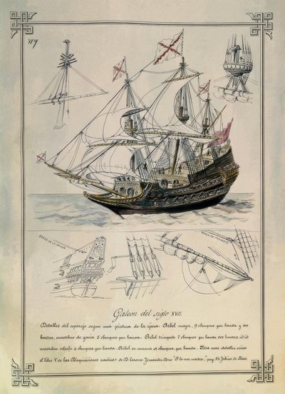Galeón del siglo XVII en un dibujo del siglo XIX de Rafael Monleon y Torres