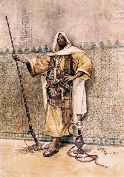 Orientalismo: Retrato de un hombre árabe, soldado armado, lleva cuchillos en el cinturón. Acuarela de Rafael Senet y Pérez (1856-1926) de Rafael Senet
