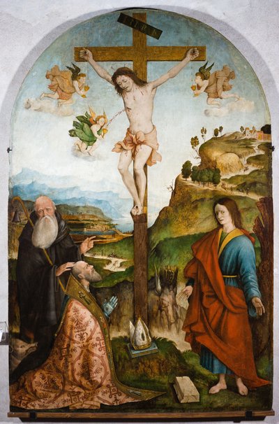 Crucifixión, c.1528 (temple sobre tabla) de Raffaele De (fl.1514 1573) Pancalino