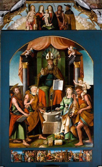 San Blas entronizado entre los santos Pedro, Pablo, Catalina de Alejandría y Cristóbal, retablo central de Raffaele De (fl.1514 1573) Pancalino