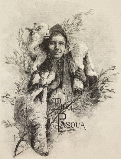 Feliz Pascua, joven con cordero sobre los hombros, grabado a partir de un cuadro de Raffaele Faccioli (1836-1914), de L