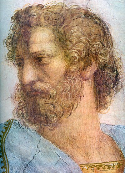Aristóteles. Stanza della Segnatura. La Escuela de Atenas (detalle), 1509-1511 de Raffaello Sanzio Raphael