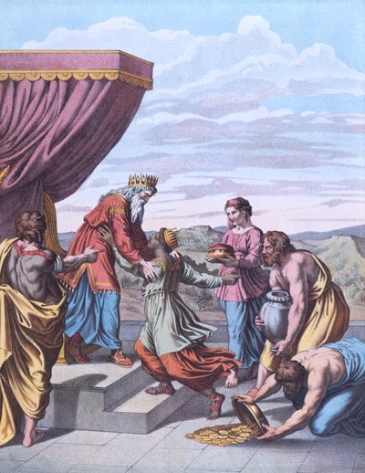 El Rey Salomón recibe a la Reina de Saba, ilustración de 