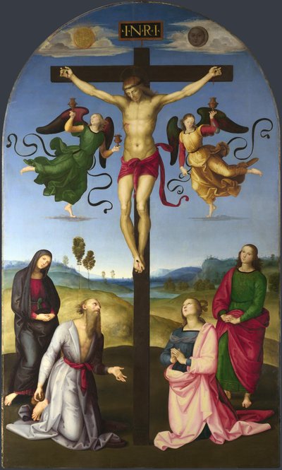 El Cristo Crucificado con la Virgen María, Santos y Ángeles La Crucifixión de Mond, 1502-1503 de Raffaello Sanzio Raphael