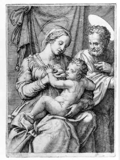 La Sagrada Familia, grabado por Marcantonio Raimondi, c.1515 de Raffaello Sanzio Raphael