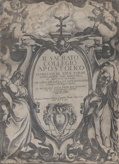 Frontispicio con dos figuras sosteniendo pergaminos y querubines flanqueando el cartucho de Raffaello Schiaminossi
