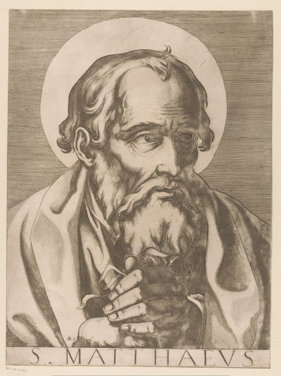San Mateo S. Matthaeus (título sobre objeto) Cristo, María y los Doce Apóstoles (título de la serie) Il sacrato collegio apostolico (título de la serie) de Raffaello Schiaminossi