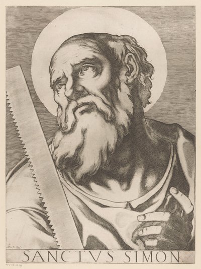 San Simón Zelotes San Simón (título sobre el objeto) Cristo, María en de twaalf apostelen (título de la serie) El Sagrado Colegio Apostólico (título de la serie) de Raffaello Schiaminossi