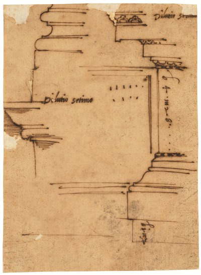 Boceto del entablamento principal del Arco de Septimio Severo, Roma (pluma y tinta marrón, sobre papel vegetal al óleo) de Raffaello da Montelupo