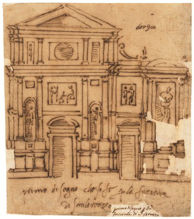 Diseño de la fachada de San Lorenzo, Florencia (pluma y tinta marrón, sobre papel vegetal aceitado) de Raffaello da Montelupo