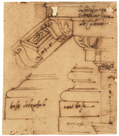 Bocetos de varios elementos del Arco de Constantino, Roma (pluma y tinta marrón, sobre papel vegetal al óleo) de Raffaello da Montelupo