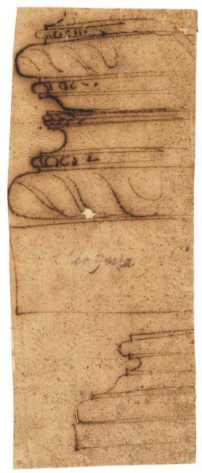 Dos fragmentos arquitectónicos (pluma y tinta marrón, sobre papel vegetal al óleo) de Raffaello da Montelupo