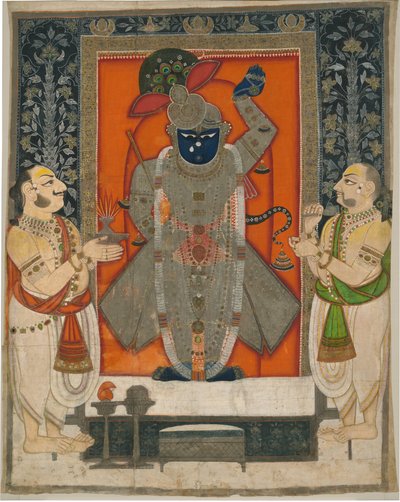 Sacerdotes adorando a Krishna como Shrinathji para el festival de la Montaña de Comida [Annakuta utsava]; colgante de santuario [pichhavai] de Rajasthan Kota school