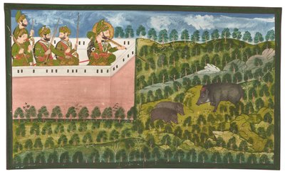 Un cuadro del Maharana Jawan Singh (r.1821-38) cazando jabalíes de Rajasthani School