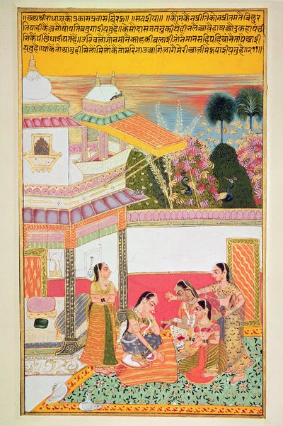 Mujer tiñendo las palmas de las manos, de Bundi, 1800 de Rajasthani School