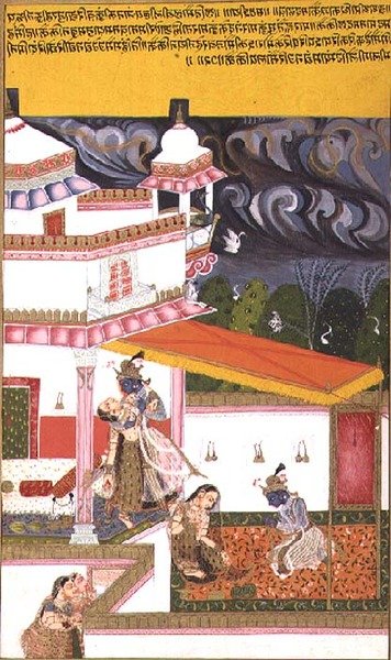 Folio 72. Krishna persuade a Radha mientras se forma una tormenta, del 