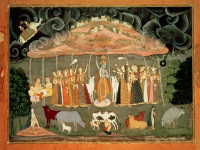 Krishna apoyando el monte Govardhana B Ustad Sahibdin, Bikaner de Rajput School