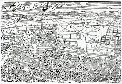 Detalle de Londres al norte de la ciudad de Civitas Londinium (xilografía) de Ralph Agas