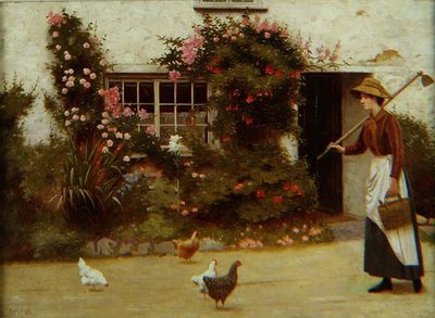 Niña con una azada fuera de una cabaña de Ralph Todd