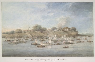 Flotilla de Lord Hastings en el río, con muchos periquitos pinaza de Ram Sita