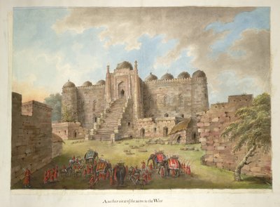 El patio de entrada y la fachada este de Kalan Masjid. La fiesta de Lady Hastings en primer plano de Ram Sita