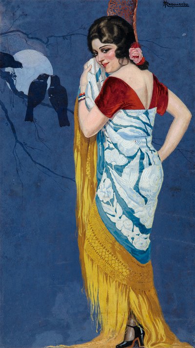 Joven sonriendo a la luz de la luna, c.1925 (gouache sobre papel) de Ramón José Izquierdo y Garrido