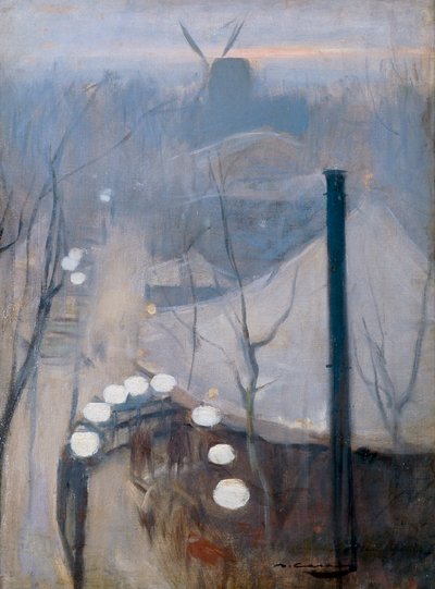 Vista del distrito de Montmartre con un molino en París de Ramon Casas i Carbo