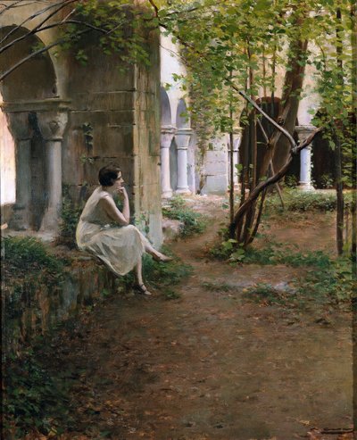 Joven mujer meditando en un claustro de Ramon Casas i Carbo