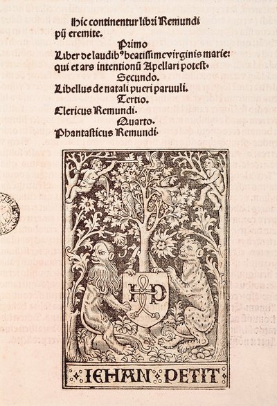 Página del códice "De Laudibus Beatissimae Virginis Mariae" de Ramon Llull (1235-1315), representando dos leones sosteniendo el escudo de armas del impresor Jehan Petit de Ramon Llull